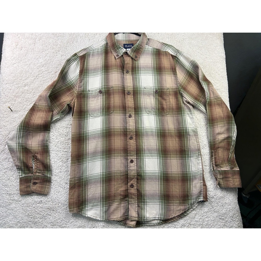 PLACE Shirt Mens Medium Brown‎ Green Plaid Button Down Long Sleeve Casual Top